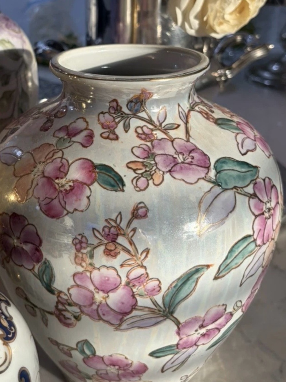 Floral Porcelain Accent Vase in Pink and Green